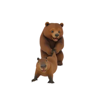 Ein 3D-Render eines Braunbären, der spielerisch am Schwanz eines Capybaras zieht, beide mit glücklichen Ausdrücken.