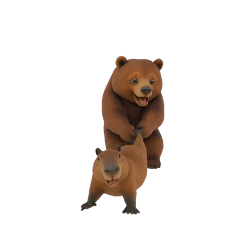 A 3D render of a brown bear playfully pulling the tail of a capybara, both with happy expressions.