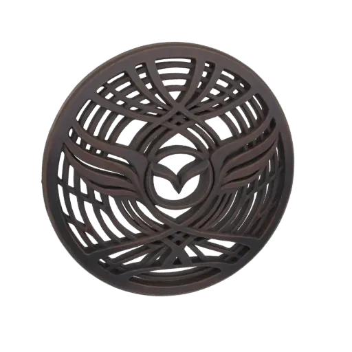 3D model of a circular emblem with stylized wings and intricate lattice patterns, presented in a dark metallic finish against