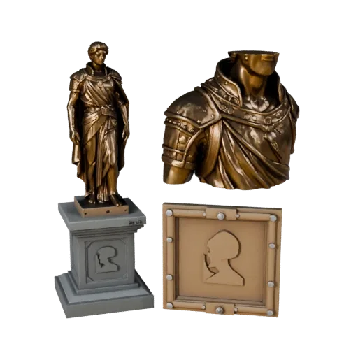 Bronze Statue modular kit 3D model preview showing silhouette, top-down kitbash view, pedestal and sculpt detail