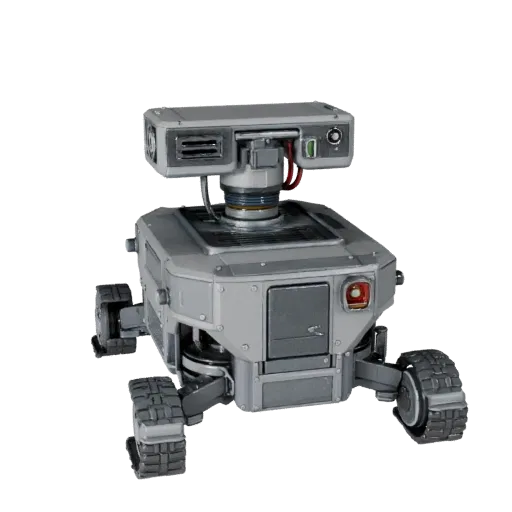 Research Service Robot Stylized 3D model, stylized isometric render, showing metal frames, robot form.