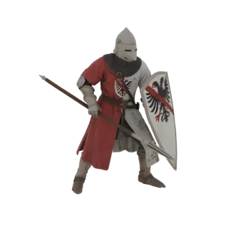 Modelo 3D de um cavaleiro medieval em armadura completa, segurando uma lança e um escudo com emblema de águia negra.
