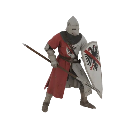 Modelo 3D de um cavaleiro medieval em armadura completa, segurando uma lança e um escudo com emblema de águia negra.
