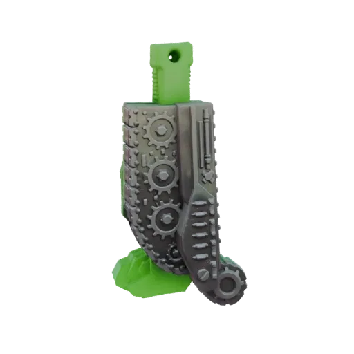 3D model of a steampunk mechanical leg with visible gears and a metallic finish, set against a black background.