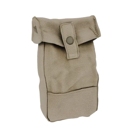 3D model of a khaki canvas pouch with a grey snap button closure, presented against a black background.