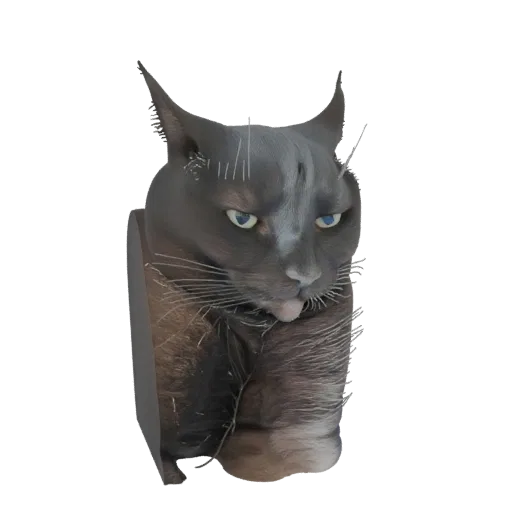 A 3D render of a grumpy grey cat with blue eyes, looking slightly to the side with its tongue peeking out.