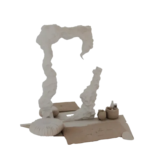 A 3D render of an abstract white sculptural form with flowing lines, featuring miniature objects like bottles and vessels at