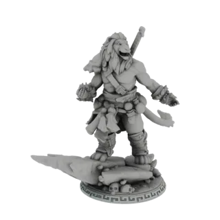 3D model of a fierce Lionfolk warrior with a mane, sword, and tribal accessories, standing on a rocky base with skulls.