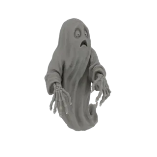 Renderização do modelo 3D de uma figura de fantasma assustado cinza com olhos arregalados e mãos esqueléticas estendidas, con
