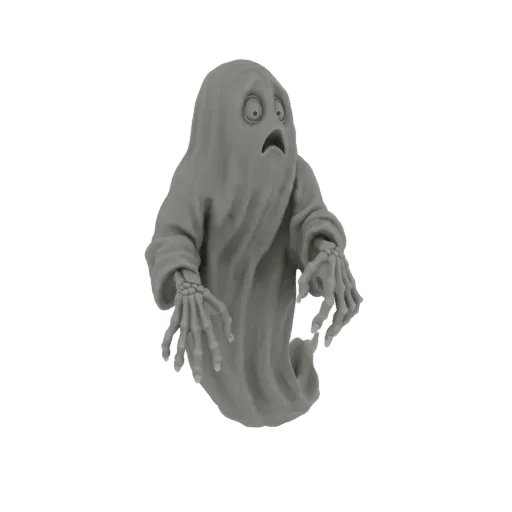 3D model render of a grey, scared ghost figurine with wide eyes and skeletal hands reaching out, against a white background.
