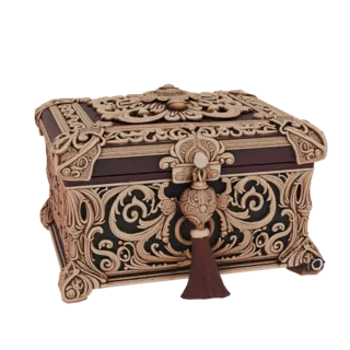 3D model of an ornate baroque jewelry box with intricate gold carvings and a decorative tassel, set against a white backgroun