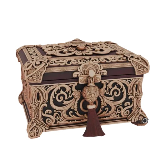3D model of an ornate baroque jewelry box with intricate gold carvings and a decorative tassel, set against a white backgroun