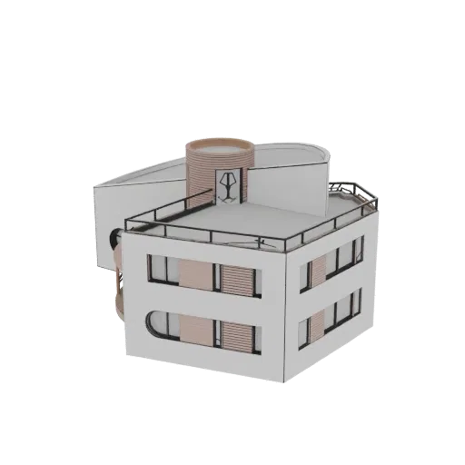3D model of a modernist multi-story building with a cylindrical tower and rooftop balcony, rendered against a black backgroun