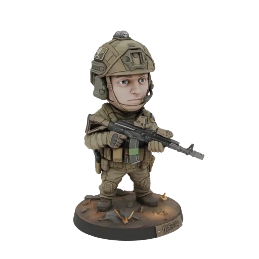 3D model of a tactical soldier bobblehead wearing a helmet and tactical gear, holding an assault rifle, standing on a debris-