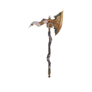 3D-Modell einer goldenen Streitaxt mit Drachenkopf-Design am Axtkopf und einem weißen Band am Griff.
