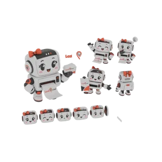 3D render of a cute white robot printer with a red bow, holding cards and printing a paper roll, shown in multiple poses.