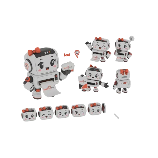 3D render of a cute white robot printer with a red bow, holding cards and printing a paper roll, shown in multiple poses.