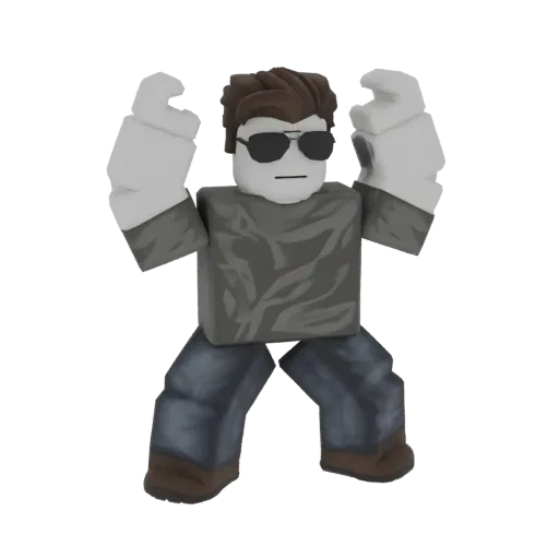 3D render of a Roblox-style character with sunglasses, grey shirt, and blue jeans, arms raised in a dynamic pose.