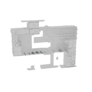 3D model of a complex, modular sci-fi habitat structure with intricate paneling and interconnected sections, rendered in a ne