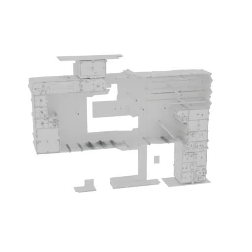 3D model of a complex, modular sci-fi habitat structure with intricate paneling and interconnected sections, rendered in a ne