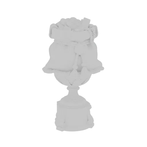 3D model of a white, ornate classical urn filled with a bulging bag of treasures, resting on a decorative pedestal.