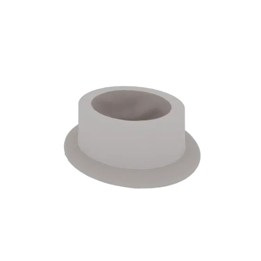 Una renderización 3D de un contenedor cilíndrico gris minimalista con base acampanada, aislado sobre un fondo blanco.