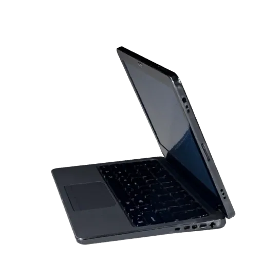 Business Tablet Computer Low Poly 3D model, game viewport three-quarter view, showing brushed metal, open lid angle.