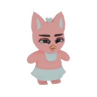 3D model of a cute pink fennec fox-like character with large eyes and a light blue skirt, standing against a white background