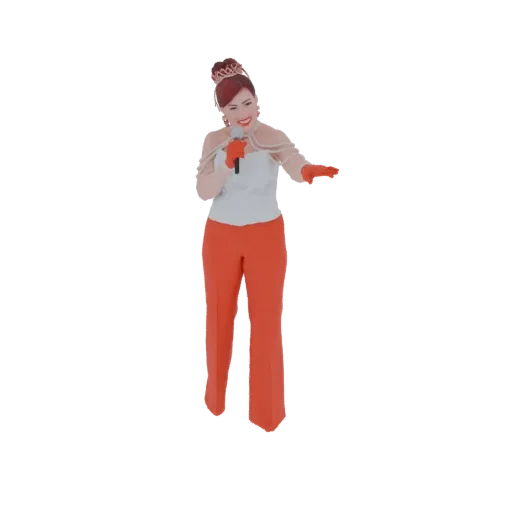 3D model of a glamorous female singer wearing a crown and holding a microphone, with a white top and orange pants.