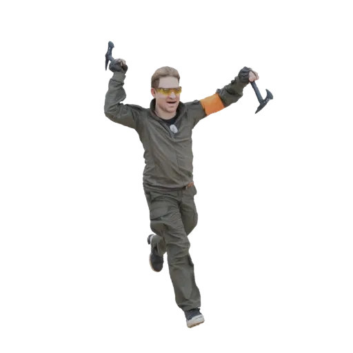 3D model of a man in a green tactical jumpsuit running with two axes raised in the air, wearing yellow goggles.