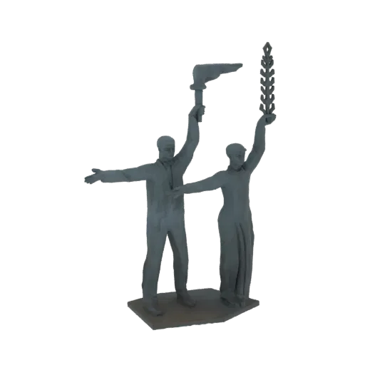 3D model of a Soviet-era monument with two figures, one holding a torch and the other a laurel wreath, on a simple base.