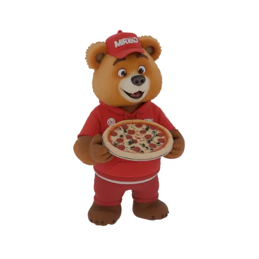 3D model of Mirko the Bear, a cartoon bear mascot wearing a red uniform and cap, holding a pizza.