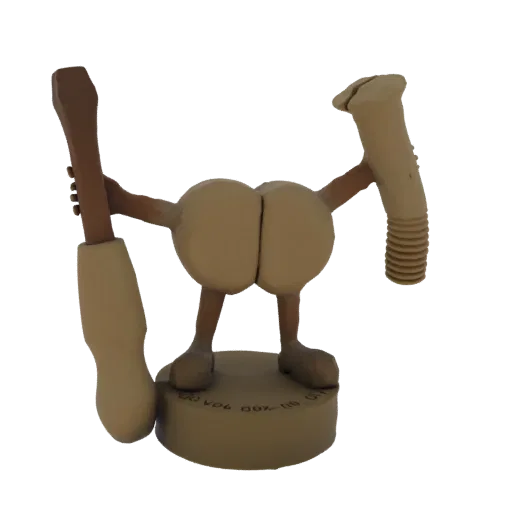 3D model of a whimsical character with a butt-shaped body, holding a hammer and a bolt, standing on a circular base.