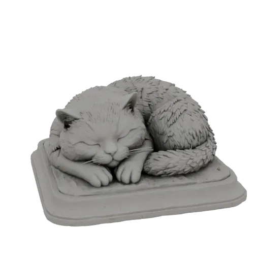 Rendu 3D d'un chat gris endormi, lové sur un socle rectangulaire, avec une texture de fourrure détaillée.