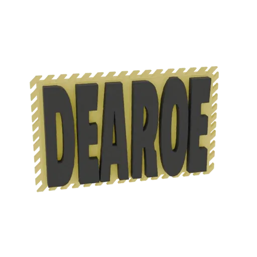 3D model of the word DEAROE in bold gray letters, framed by a yellow border with black and yellow hazard stripes.