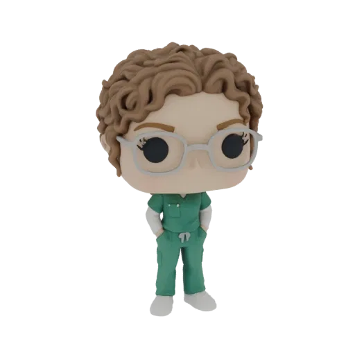 3D model of a nurse in a green scrub suit, wearing glasses and styled like a Funko Pop figure.