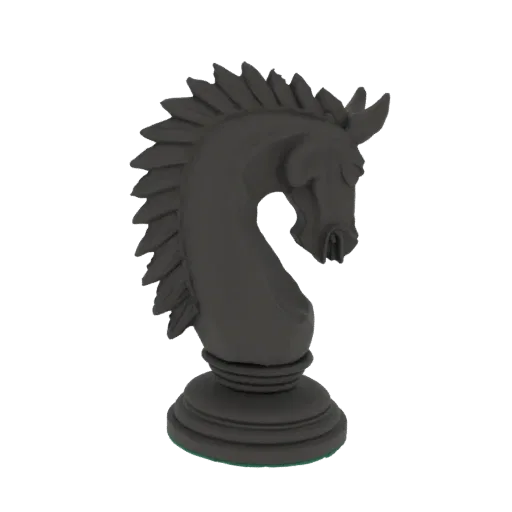 A dark, detailed 3D model of a Knight chess piece, viewed from the front.