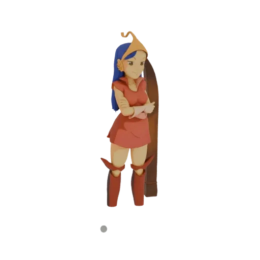 Modèle 3D fille anime cheveux bleus, casque doré, tenue rouge, bras croisés.
