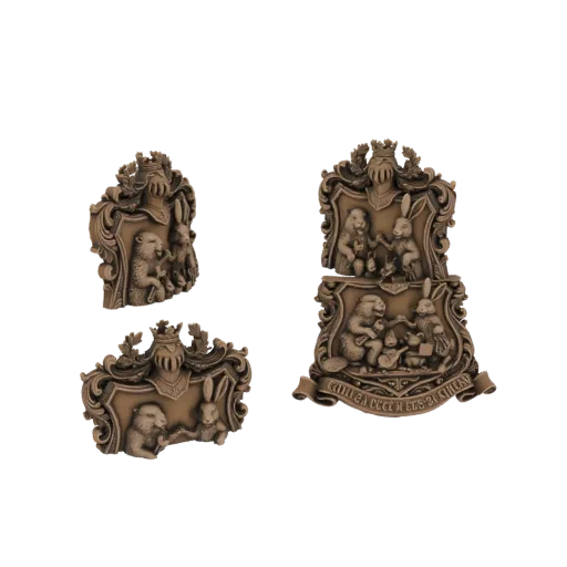 Three 3D models of ornate crests featuring beavers and rabbits, rendered in an antique bronze finish, set against a white bac