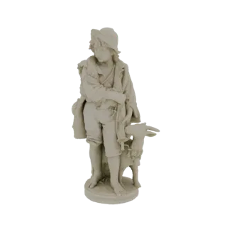 3D-Modell-Rendering einer klassischen Statue, die einen jungen Schäferjungen mit einem Lamm auf weißem Hintergrund zeigt.