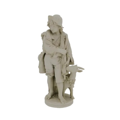 Rendering di un modello 3D di una statua classica raffigurante un giovane pastore che tiene un agnello, su sfondo bianco.