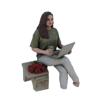 3D model of a woman with long brown hair sitting on a stone bench, holding a laptop and a coffee cup, with red roses beside h