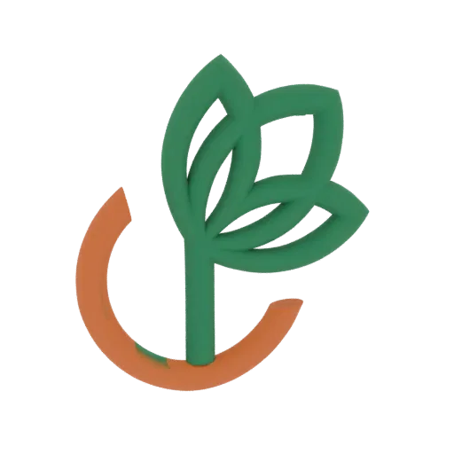 3D model of a stylized logo featuring a green leaf shape intertwined with an orange crescent against a black background.