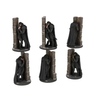 3D model of a fantasy couple embracing against a ruined stone wall, with snow accents.