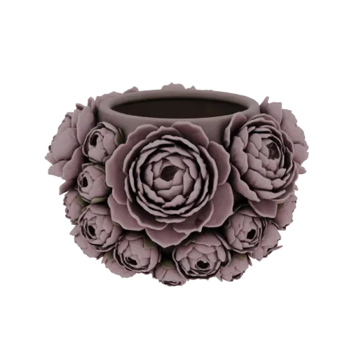 Um modelo 3D de um vaso decorativo coberto por numerosas peônias realistas em uma cor rosa empoeirado.