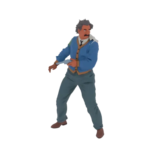 3D model of Albert Einstein in a blue cardigan holding a revolver, depicted in a dynamic pose.