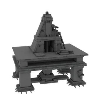 3D-Modell einer verzierten Industriepresse mit großem Amboss, Hammer und dekorativen Säulen, in Graustufen gerendert.