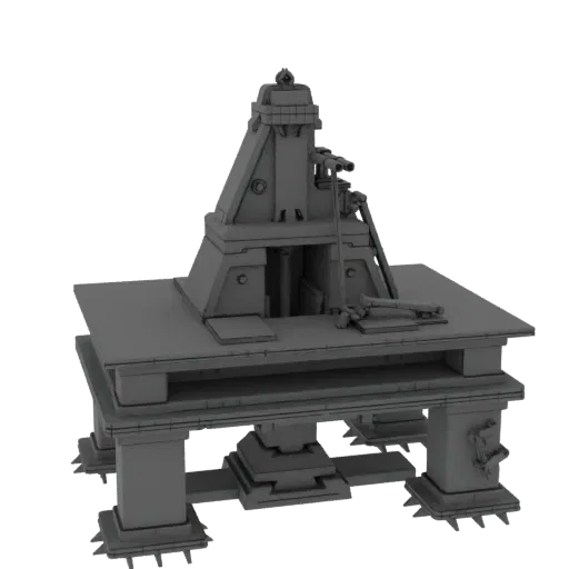 3D model of an ornate industrial forge with a large anvil, hammer, and decorative pillars, rendered in grayscale.