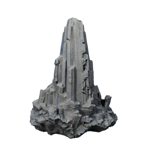 Alien Mineral Spire Realistic 3D model, three-quarter environment render, showing stratified stone, rock faces.