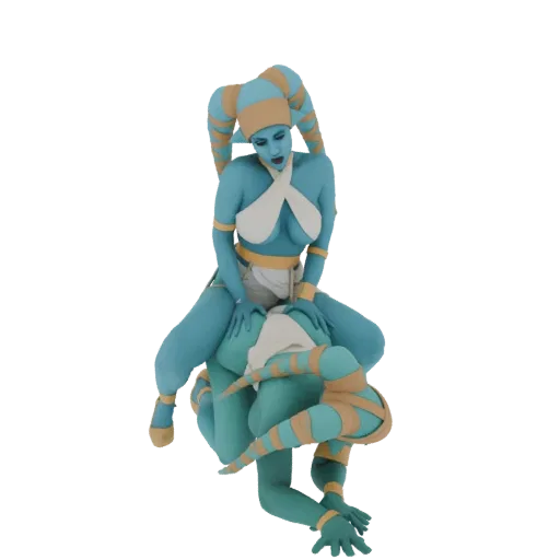 Un modelo 3D de dos bailarinas Twi'lek de piel azul en una pose intrincada y entrelazada, con lekku y vestimenta detallados.